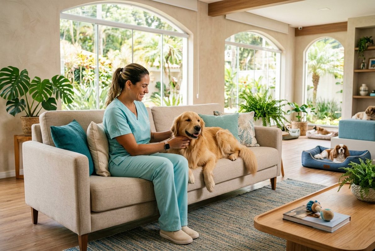 Imagem ilustrativa de um cão e uma cuidadora em hotel pet